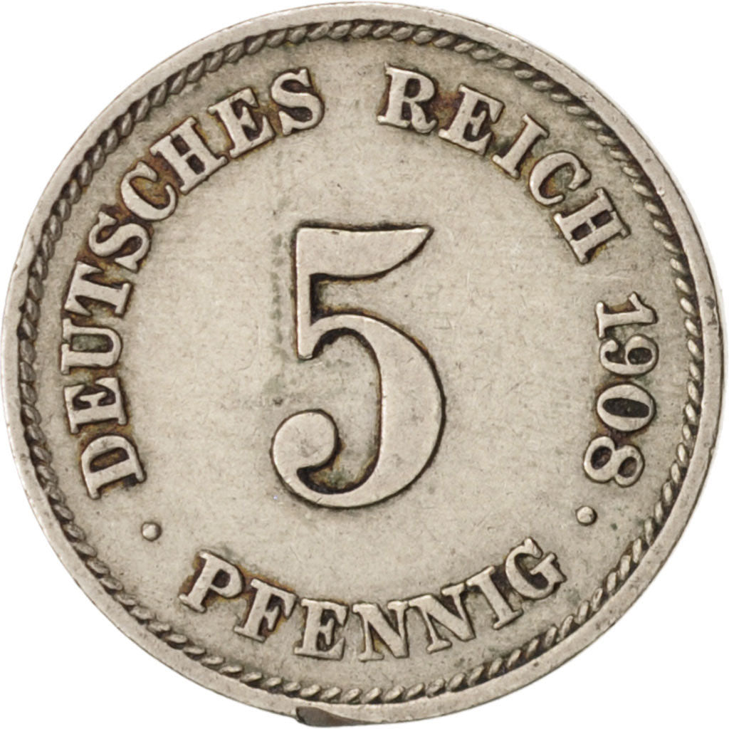 Coin, GERMANY - EMPIRE, Wilhelm II, 5 Pfennig, 1908, Muldenhütten, VF(30-35)