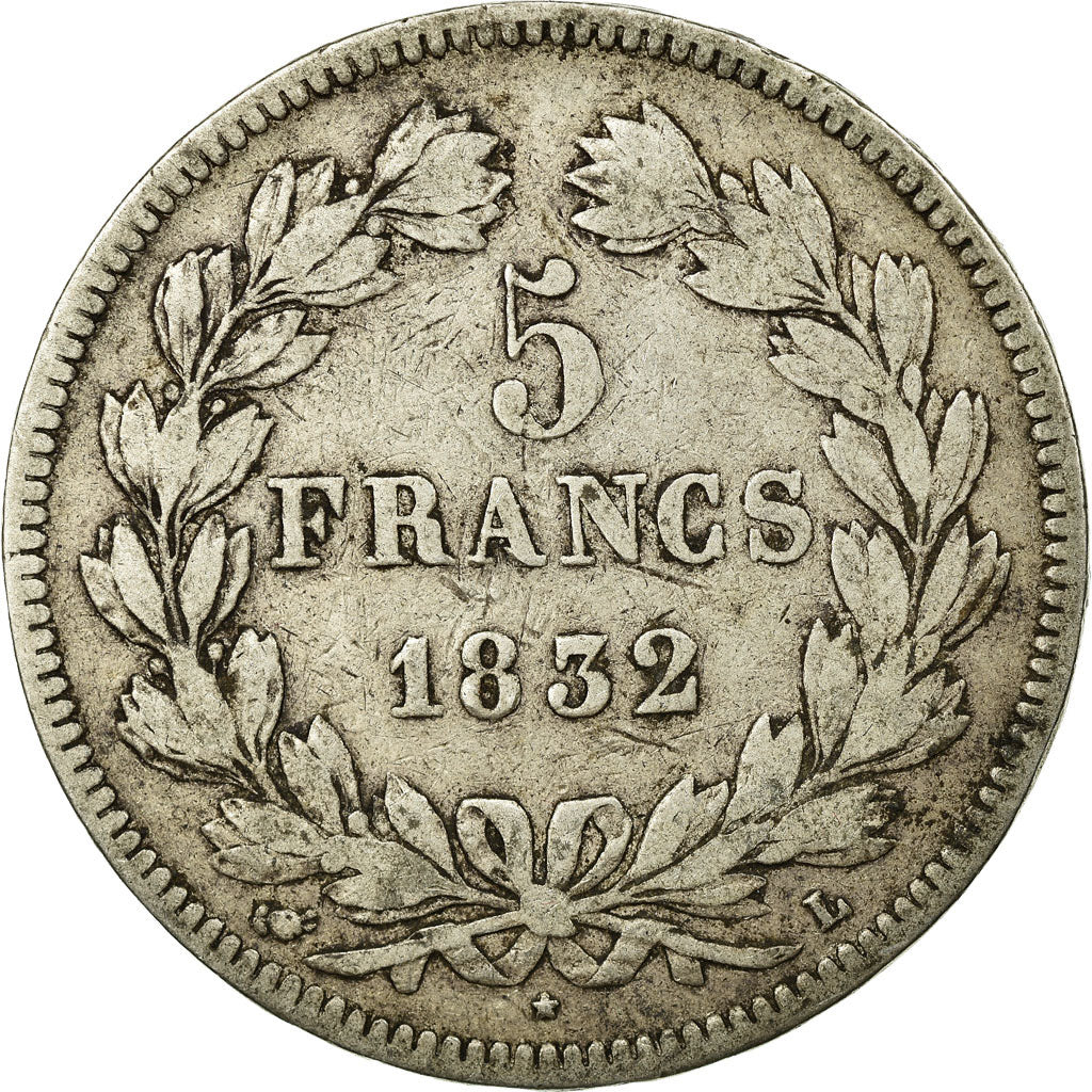 Moneta, Francia, Louis-Philippe, 5 Francs, 1832, Bayonne, MB, Argento, KM:749.8