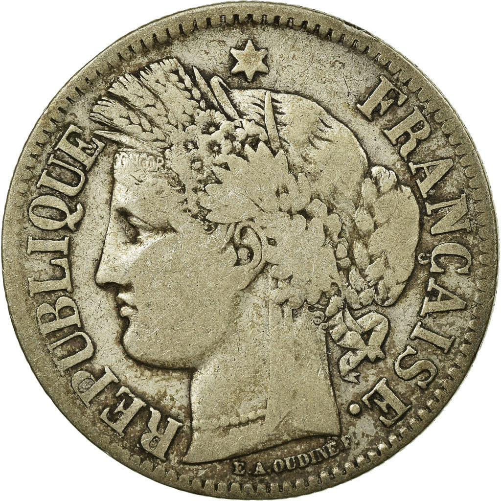 Moneda, Francia, Cérès, 2 Francs, 1871, Bordeaux, BC+, Plata, KM:816.2