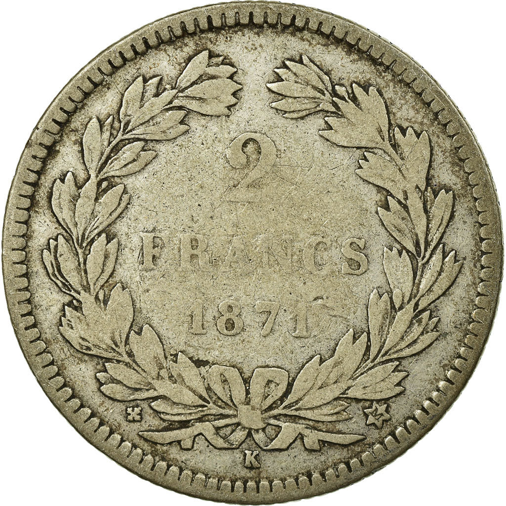 Moneda, Francia, Cérès, 2 Francs, 1871, Bordeaux, BC+, Plata, KM:816.2