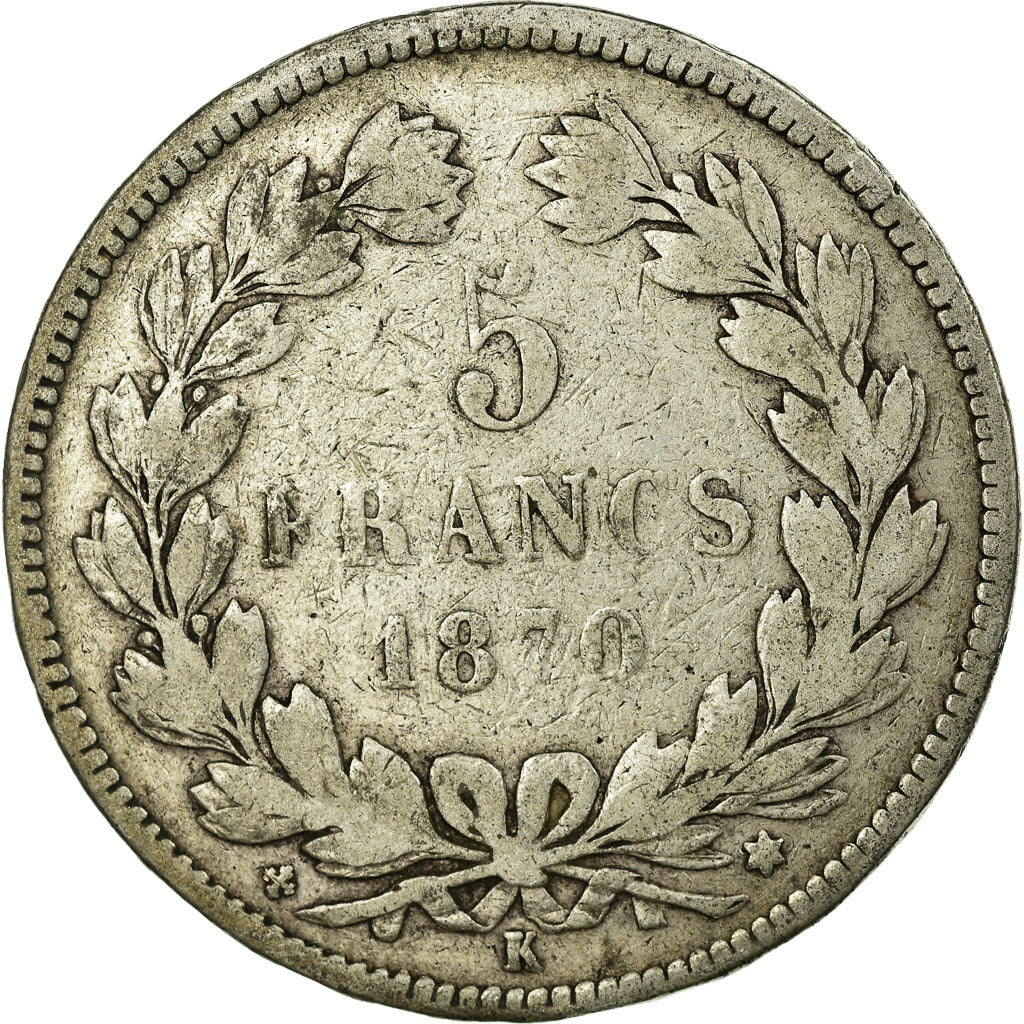 Moeda, França, Cérès, 5 Francs, 1870, Bordeaux, VF(20-25), Prata, KM:818.2