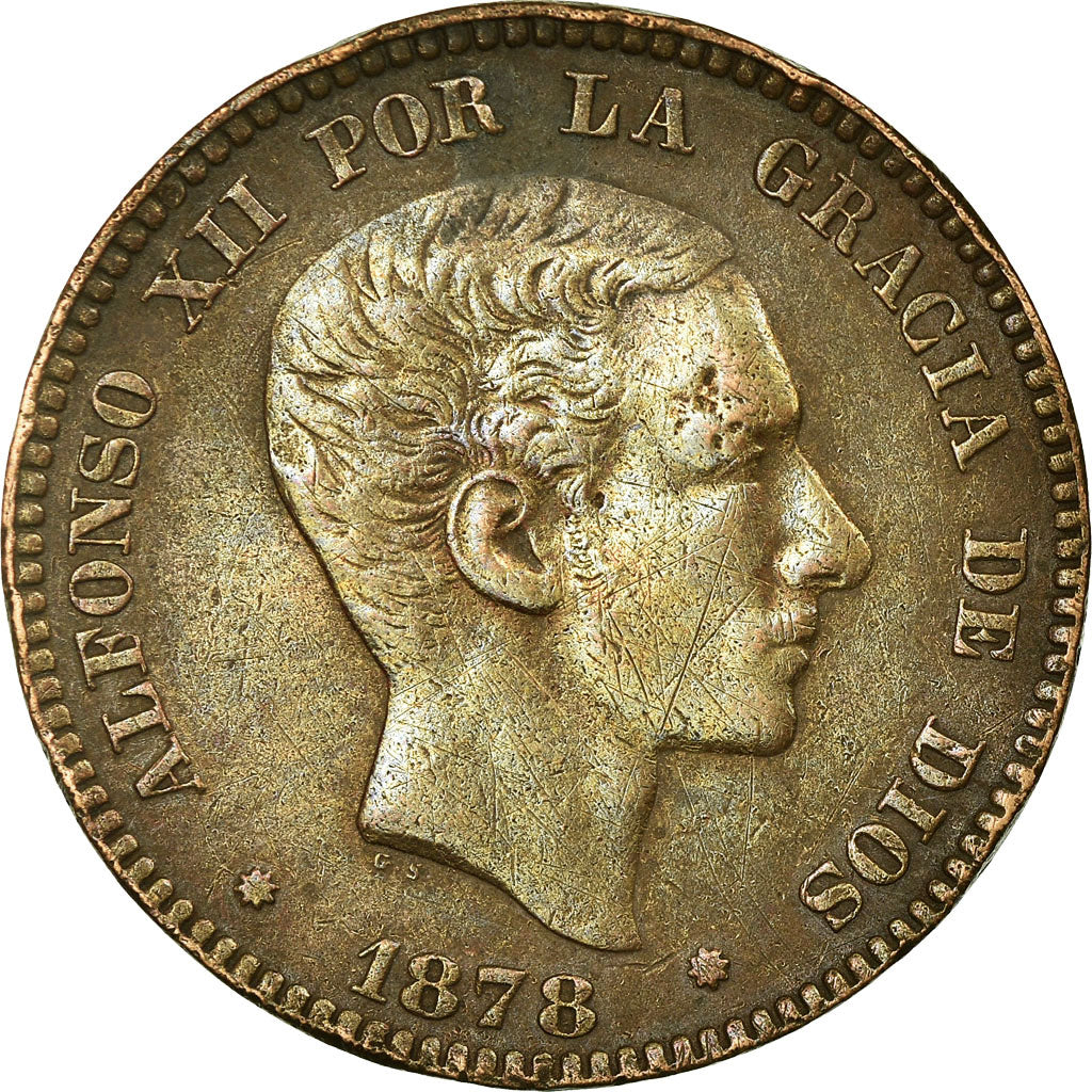 Coin, Spain, Alfonso XII, 10 Centimos, 1878, Barcelona, EF(40-45), Bronze