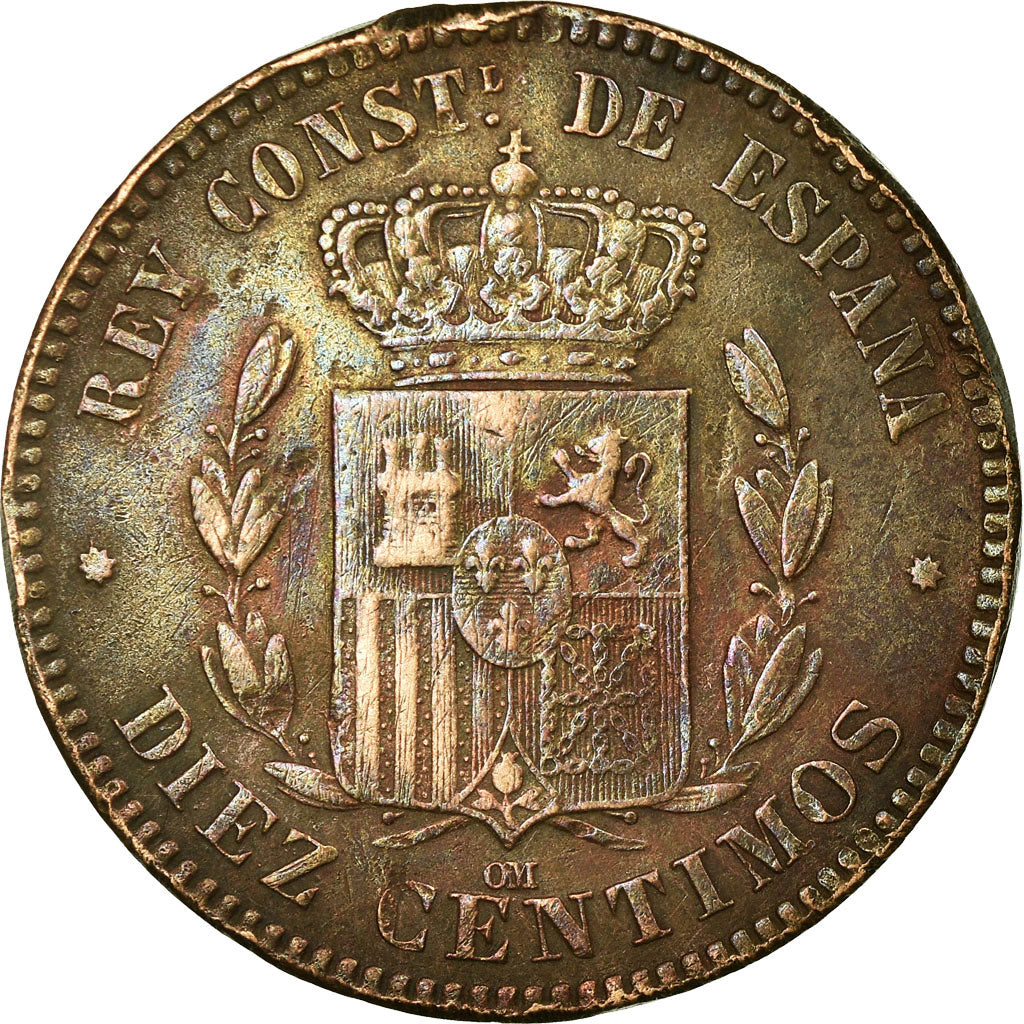 Coin, Spain, Alfonso XII, 10 Centimos, 1878, Barcelona, EF(40-45), Bronze