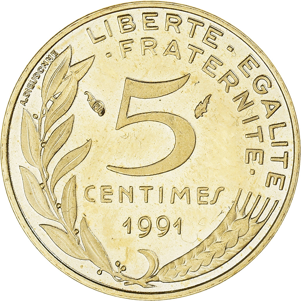 Münze, Frankreich, 5 Centimes, 1991, Paris, Col à 4 plis, UNZ, Aluminum-Bronze