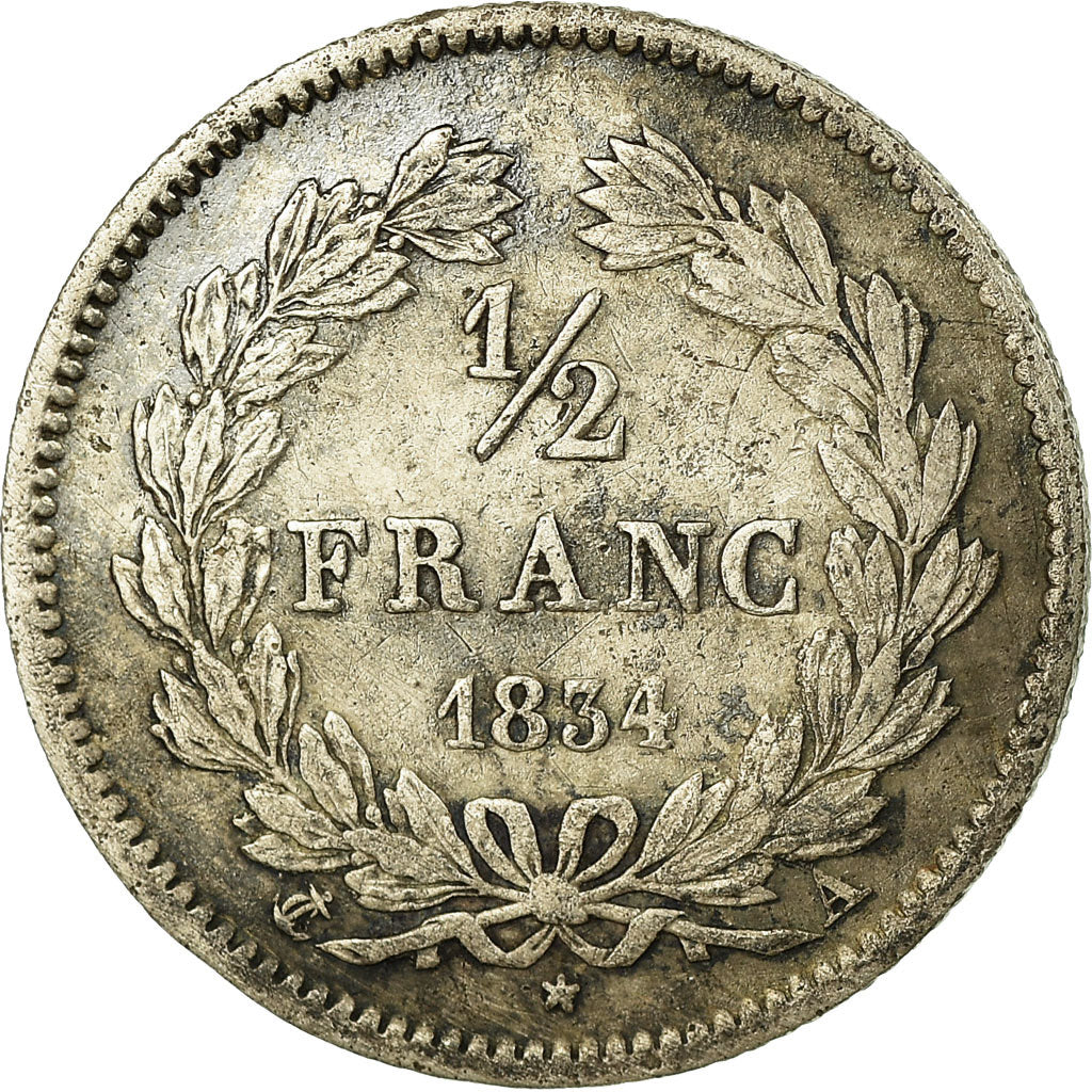 Coin, France, Louis-Philippe, 1/2 Franc, 1834, Paris, VF(30-35), Silver