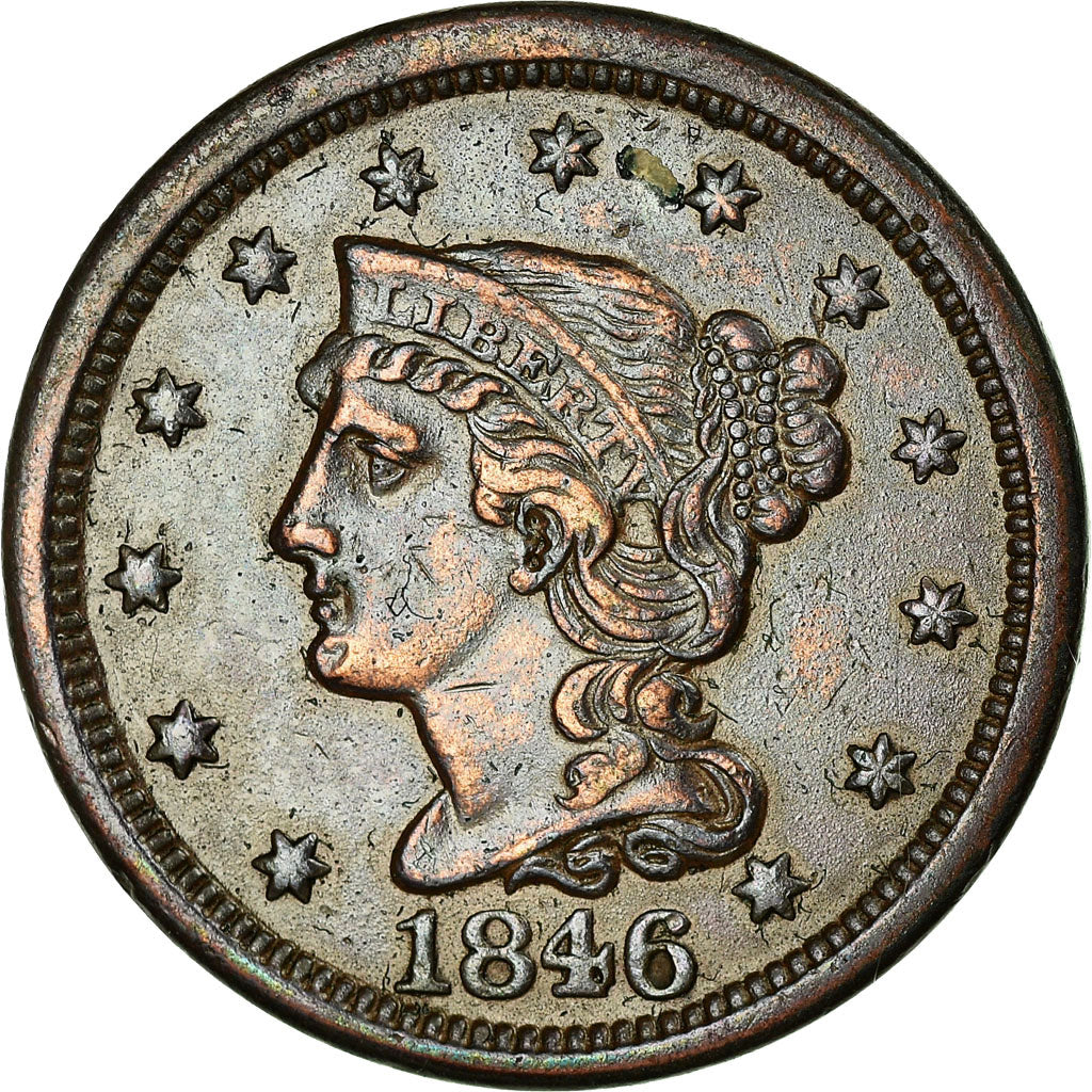 Stati Uniti, 1 Cent, Braided Hair, 1846, Philadelphia, Rame, BB, KM:67