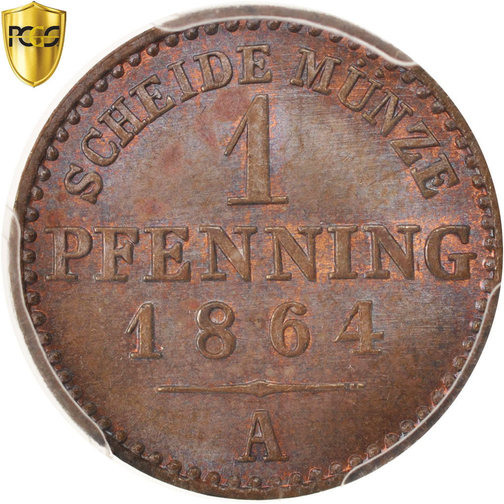 Coin, German States, PRUSSIA, Wilhelm I, Pfennig, 1864, Berlin, PCGS, MS64BN