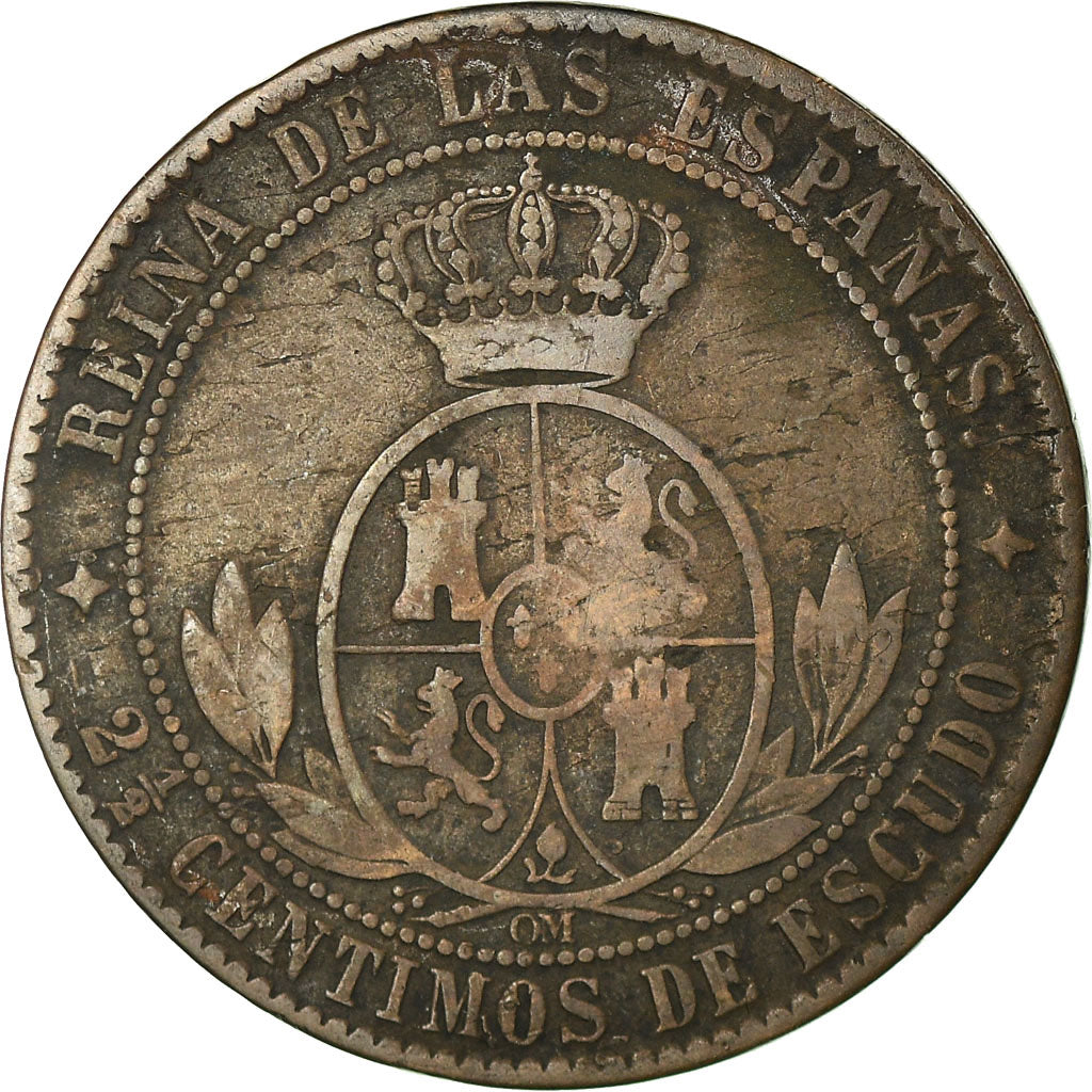 Coin, Spain, Isabel II, 2-1/2 Centimos, 1868, Jubia, VF(20-25), Copper, KM:634.2
