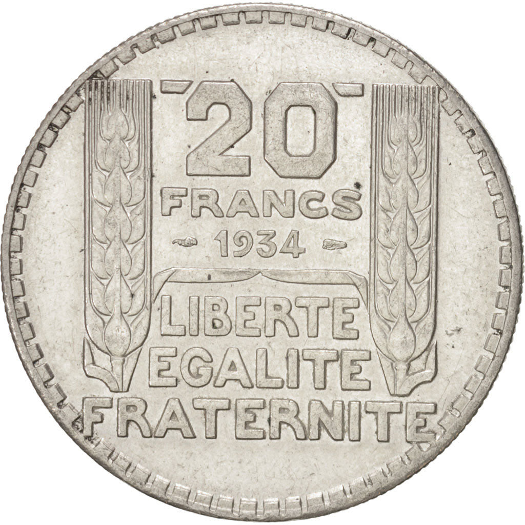 Moneda, Francia, Turin, 20 Francs, 1934, Paris, MBC+, Plata, KM:879, Gadoury:852
