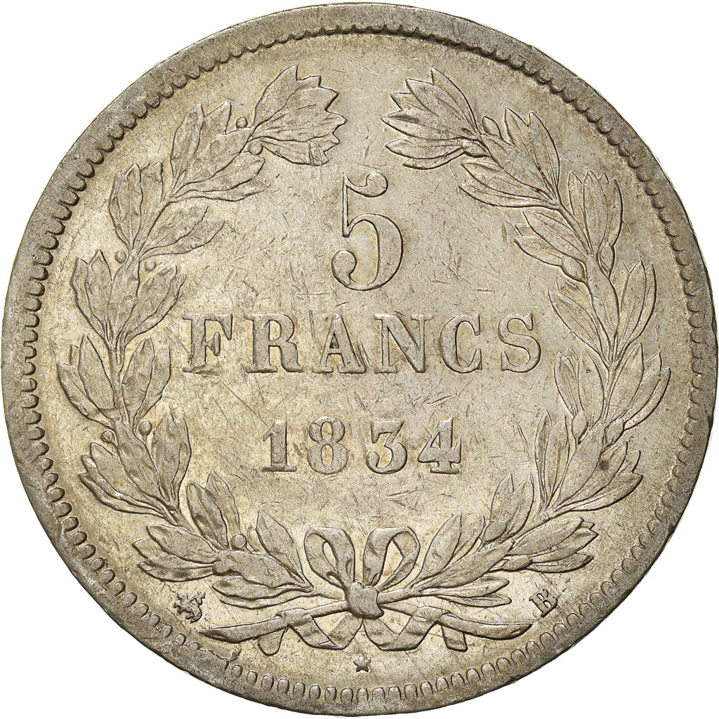 Moneda, Francia, Louis-Philippe, 5 Francs, 1834, Rouen, MBC+, Plata, Gadoury:678