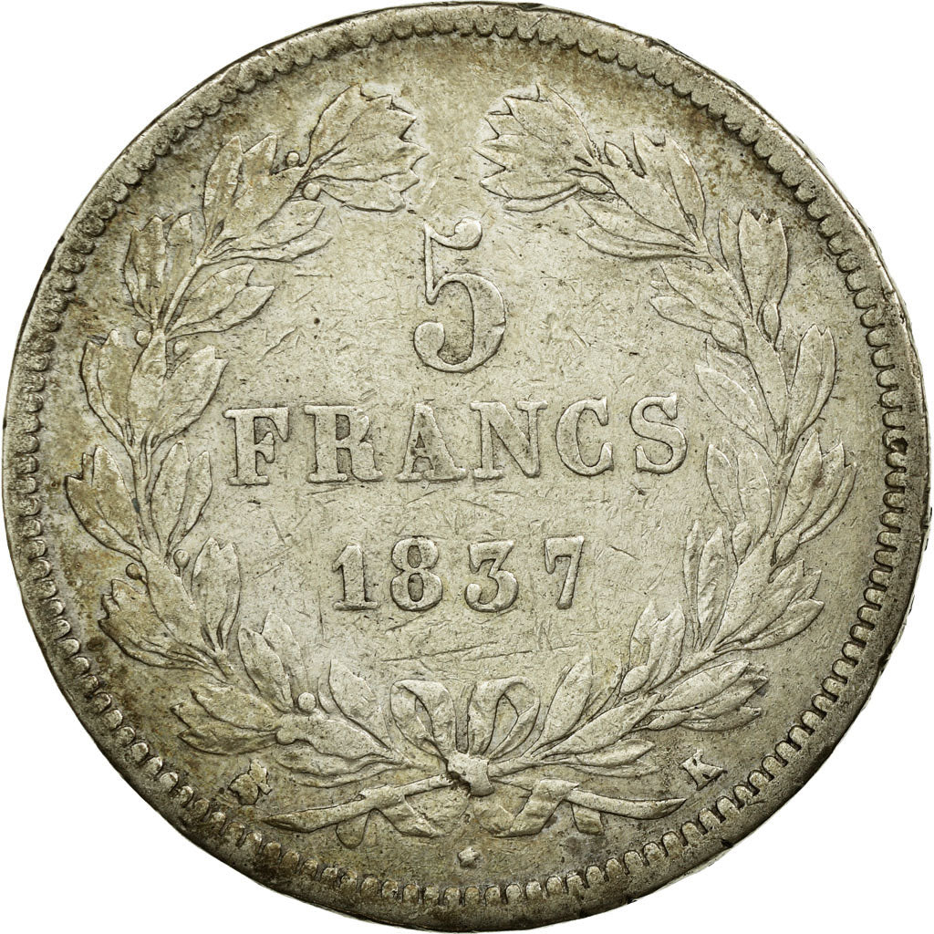 Coin, France, Louis-Philippe, 5 Francs, 1837, Bordeaux, VF(30-35), Silver