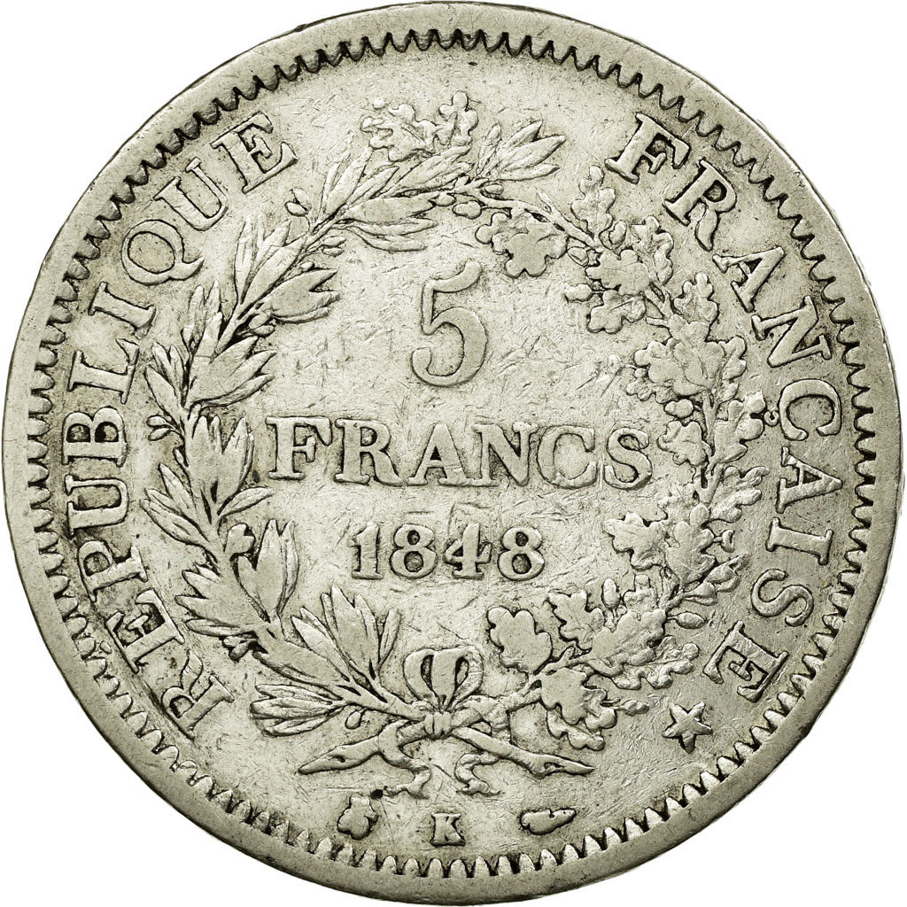 Moneta, Francia, Hercule, 5 Francs, 1848, Bordeaux, MB, Argento, KM:756.4