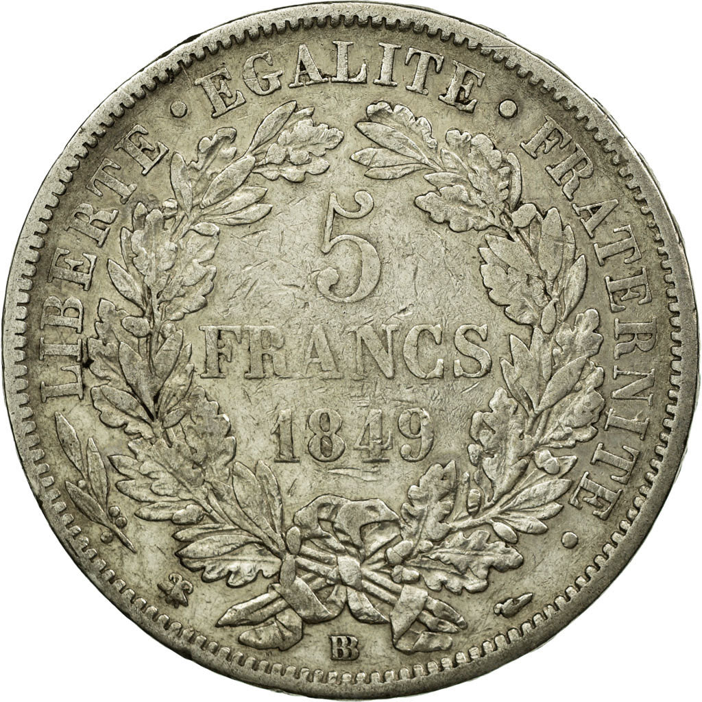Coin, France, Cérès, 5 Francs, 1849, Strasbourg, VF(30-35), Silver, KM:761.2
