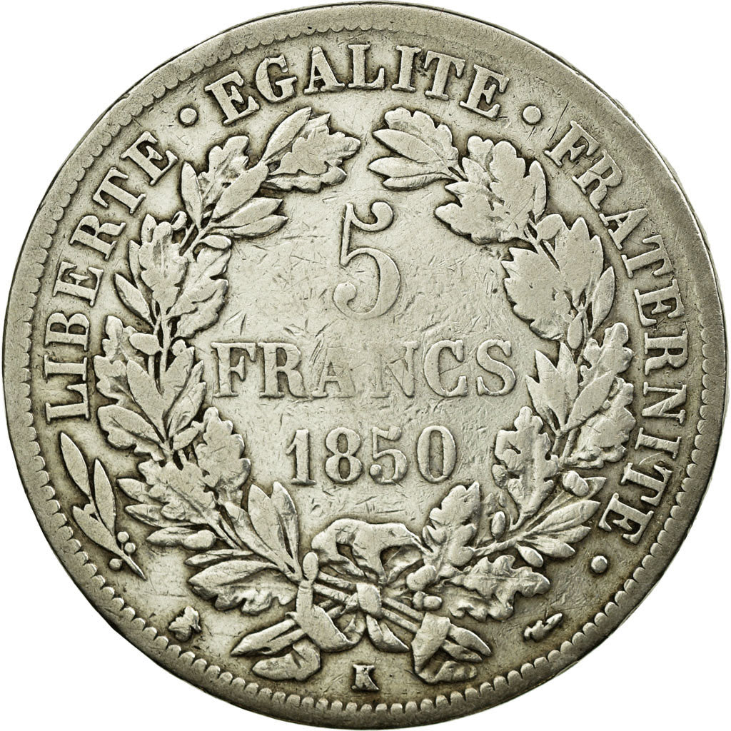 Moneta, Francia, Cérès, 5 Francs, 1850, Bordeaux, MB, Argento, KM:761.3