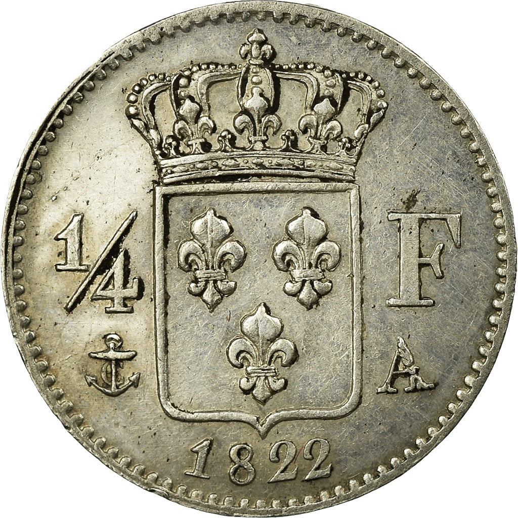 France, Louis XVIII, 1/4 Franc, 1822, Paris, Silver, AU(55-58), Gadoury:352