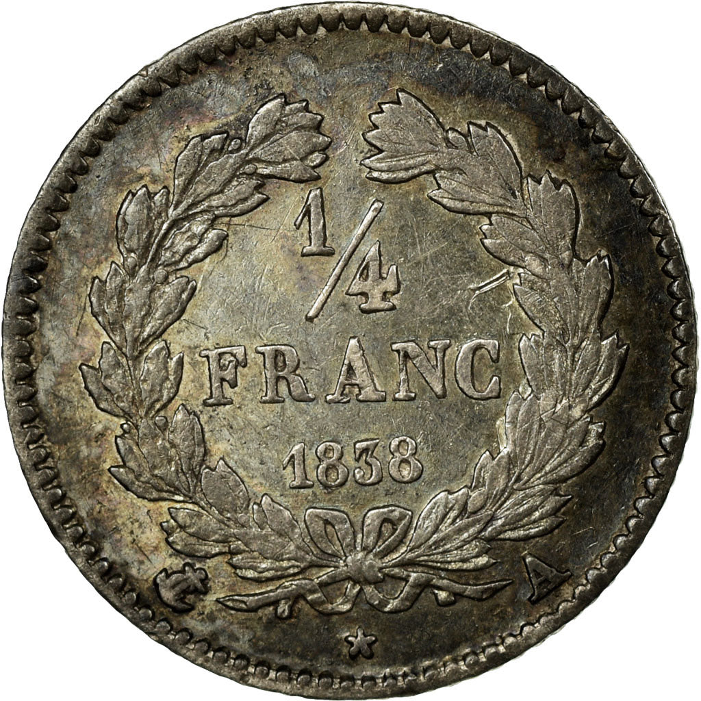 Coin, France, Louis-Philippe, 1/4 Franc, 1838, Paris, AU(50-53), Silver