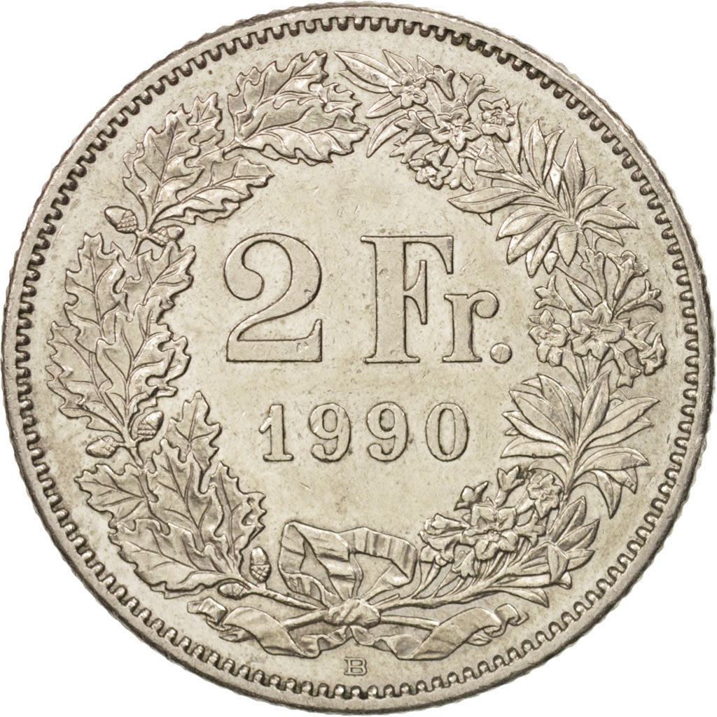 Coin, Switzerland, 2 Francs, 1990, Bern, MS(60-62), Copper-nickel, KM:21a.3
