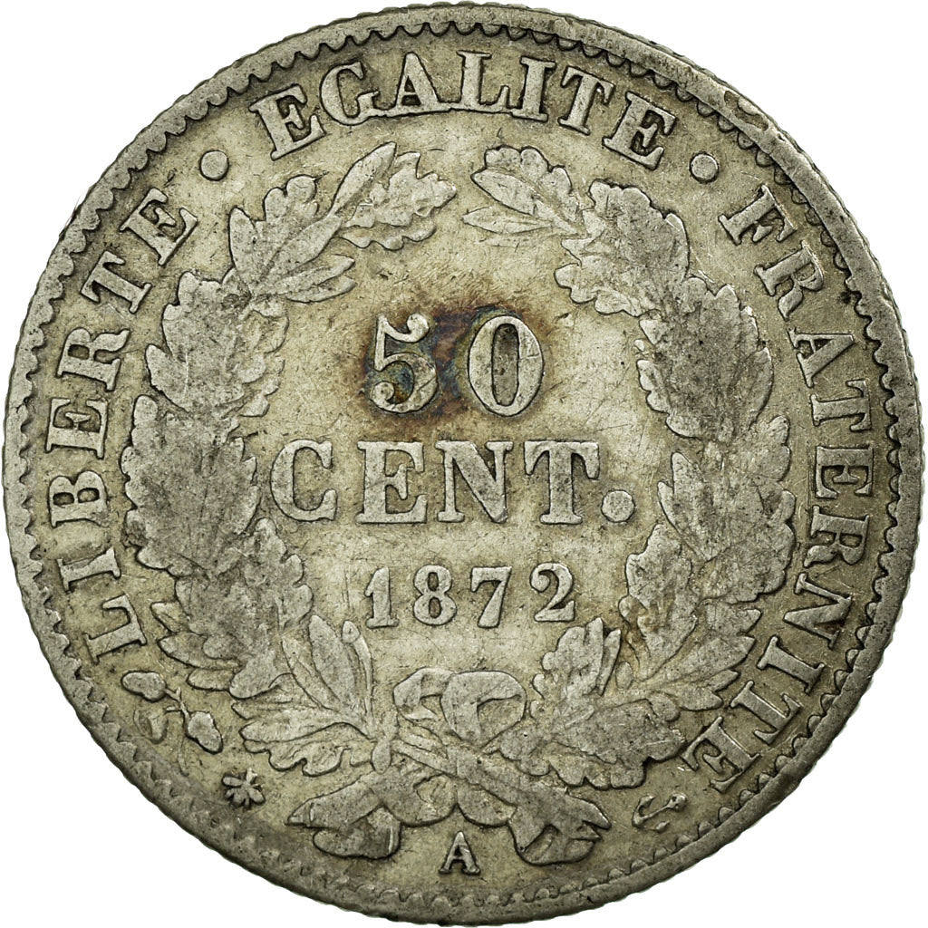 Coin, France, Cérès, 50 Centimes, 1872, Paris, VF(30-35), Silver, KM:834.1