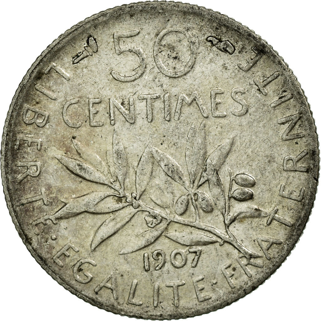 Coin, France, Semeuse, 50 Centimes, 1907, Paris, AU(50-53), Silver, KM:854