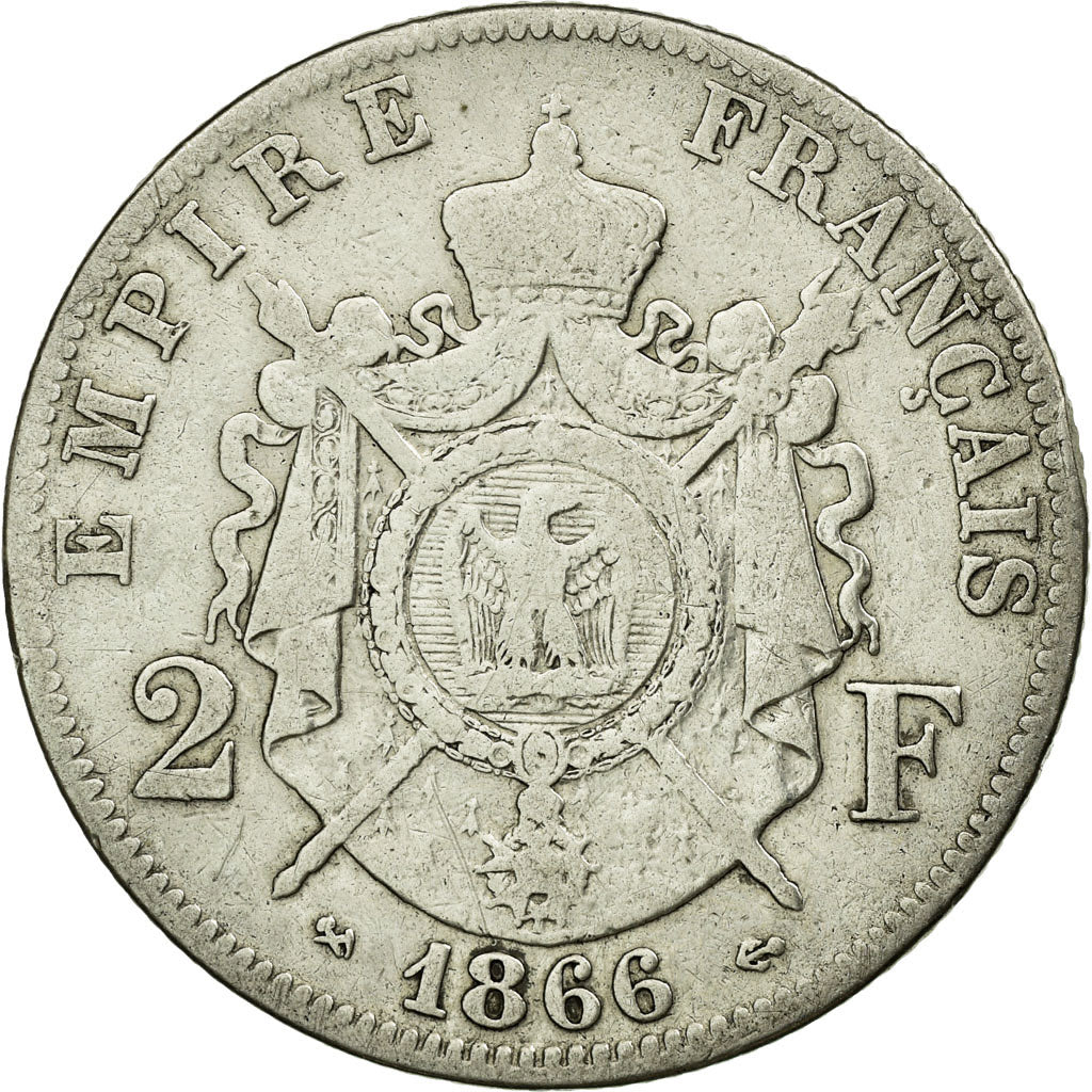 Moneda, Francia, Napoleon III, Napoléon III, 2 Francs, 1866, Bordeaux, BC+