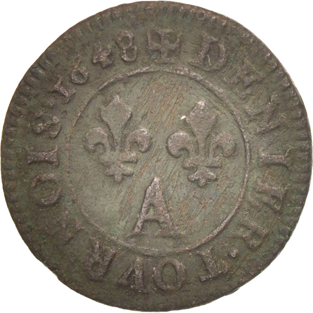 Frankrijk, Louis XIV, Denier Tournois, 1648, Paris, Koper, ZF+, CGKL:552, KM:167