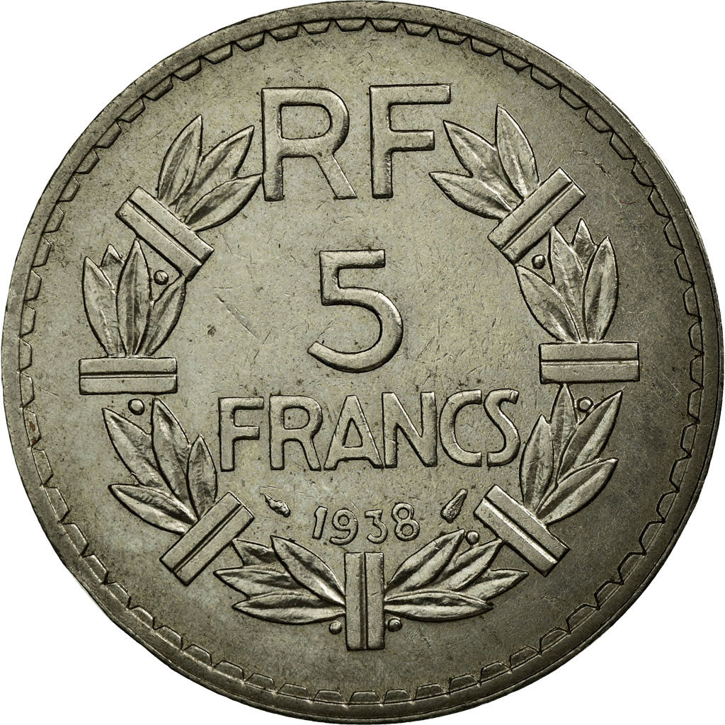 Moneda, Francia, Lavrillier, 5 Francs, 1938, Paris, MBC+, Níquel, KM:888