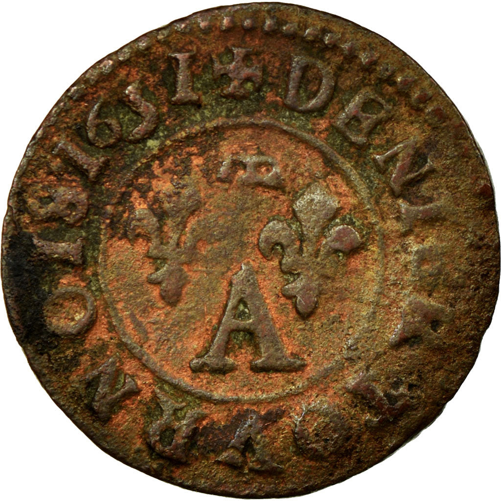 Monnaie, FRENCH STATES, DOMBES, Gaston d'Orléans, Denier Tournois, 1651, TTB