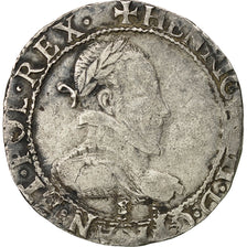 France, Henri III, 1/2 Franc au col plat, 1577, Troyes, Silver, VF(20-25)