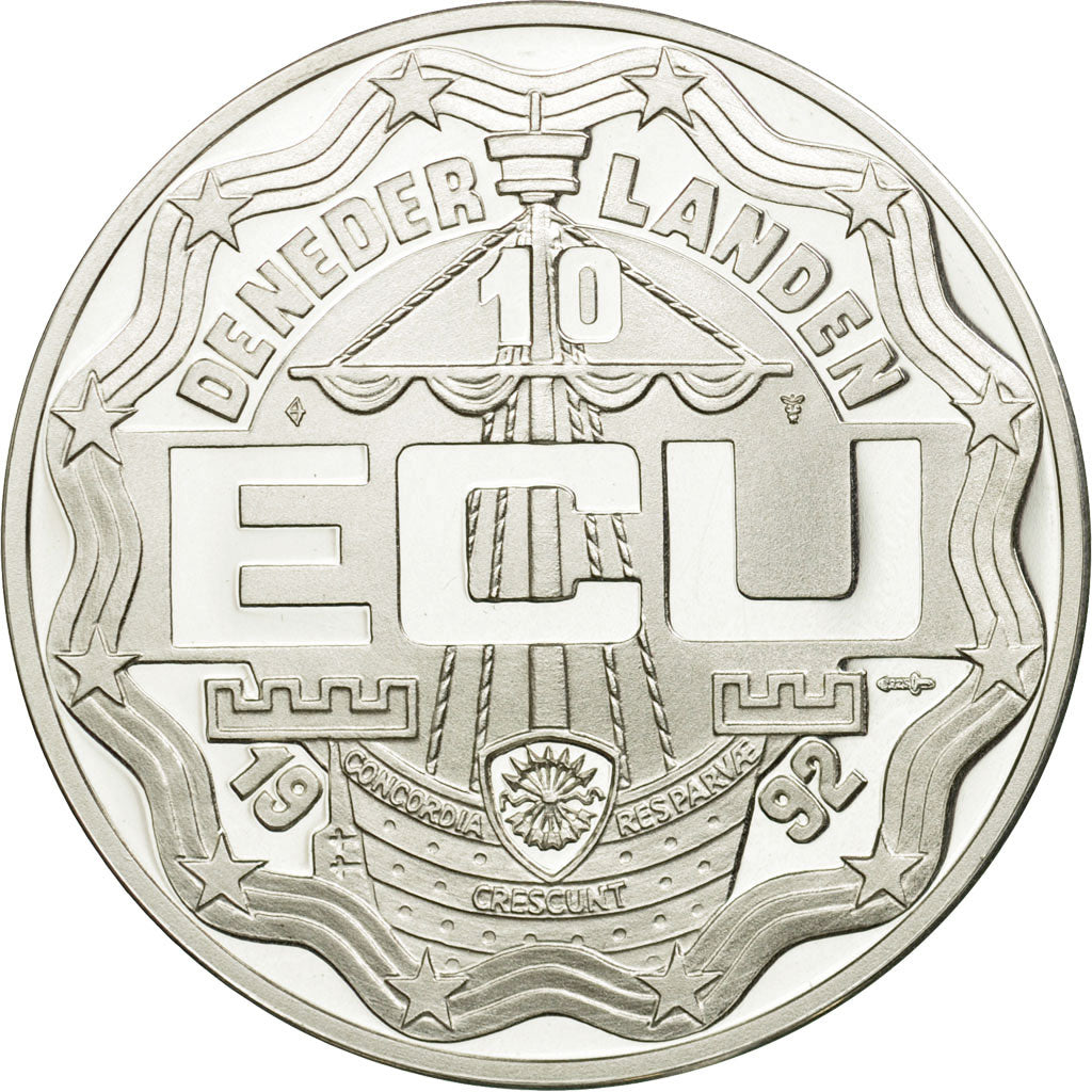 Moneta, Holandia, Beatrix, 10 Ecu, 1992, Utrecht, MS(65-70), Srebro, KM:49a