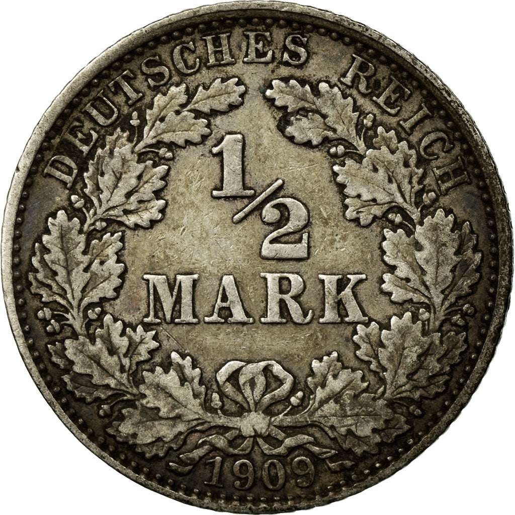Coin, GERMANY - EMPIRE, 1/2 Mark, 1909, Munich, EF(40-45), Silver, KM:17