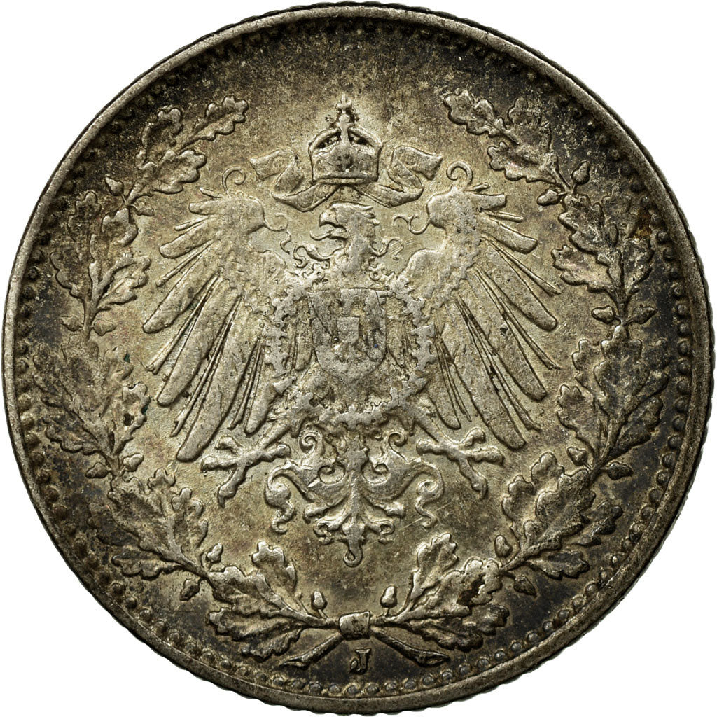 Moneta, GERMANIA - IMPERO, 1/2 Mark, 1914, Hambourg, BB+, Argento, KM:17