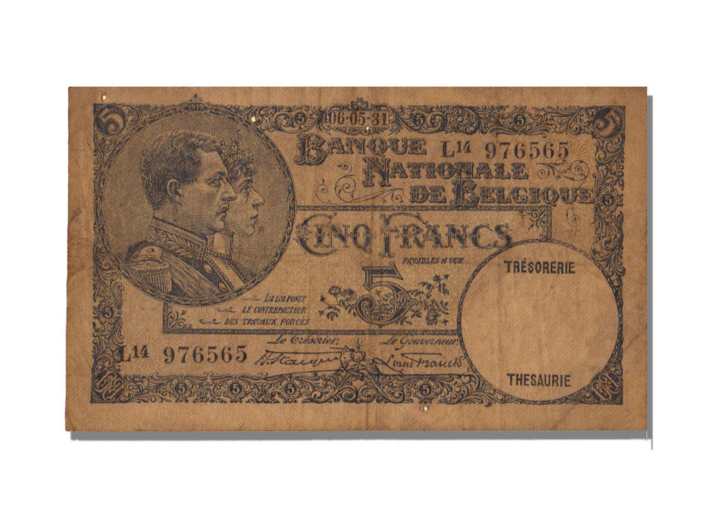 Billete, 5 Francs, 1931, Bélgica, KM:97b, 1931-05-06, MBC