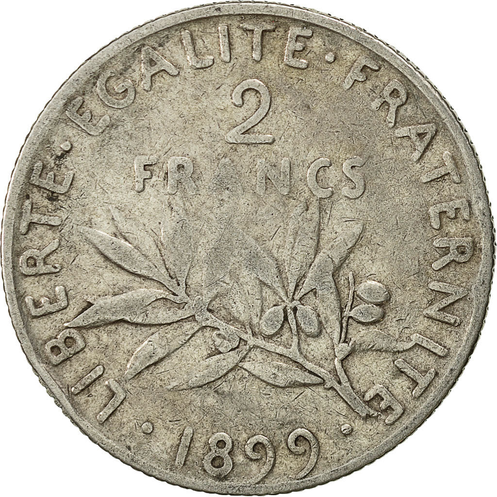 Moneda, Francia, Semeuse, 2 Francs, 1899, Paris, BC+, Plata, KM:845.1