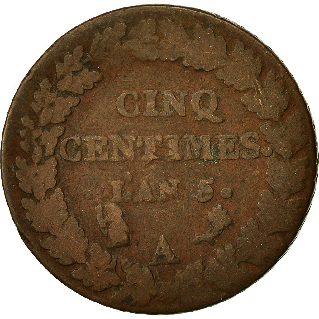 Francia, Dupré, 5 Centimes, AN 5, Paris, BC, Bronce, KM:640.1, Gadoury:126