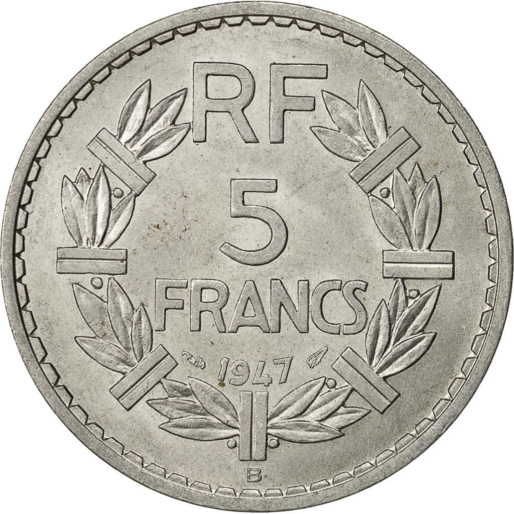France, Lavrillier, 5 Francs, 1947, Beaumont - Le Roger, AU(55-58), Aluminum