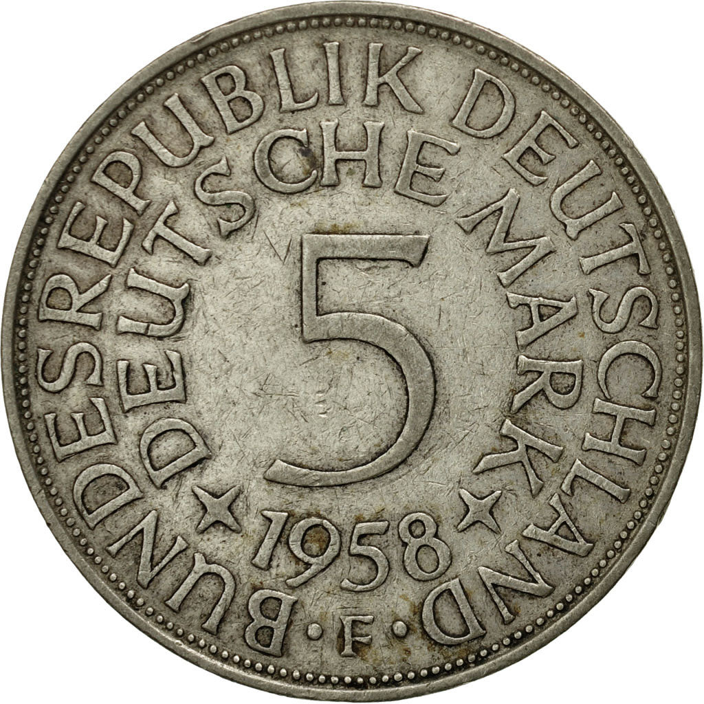 Coin, GERMANY - FEDERAL REPUBLIC, 5 Mark, 1958, Stuttgart, EF(40-45), Silver