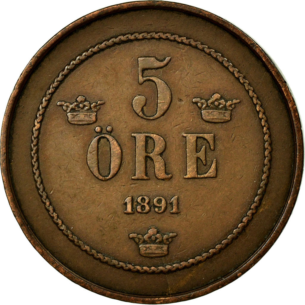 Coin, Sweden, Oscar II, 5 Öre, 1891, EF(40-45), Bronze, KM:757