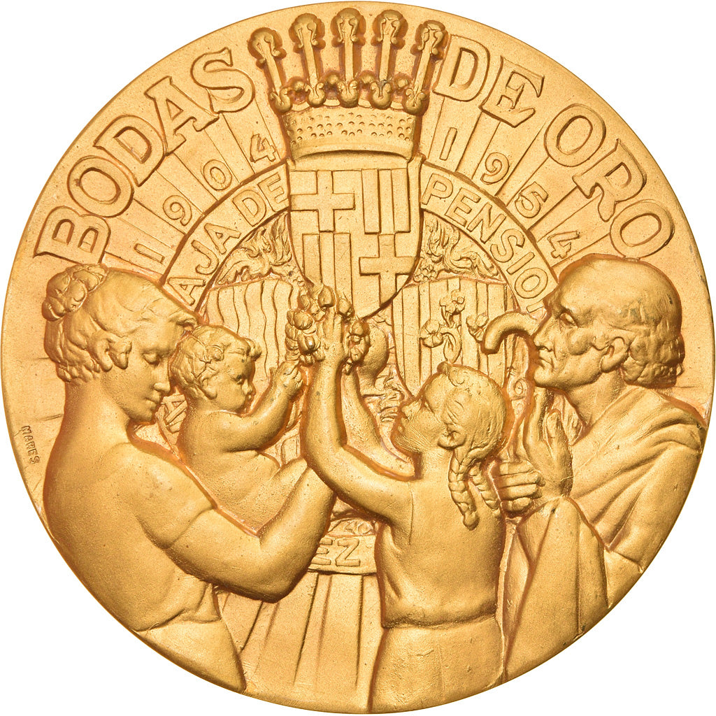 Spagna, medaglia, Caja de Pensiones, Bodas de Oro, 1954, Mares, SPL-, Bronzo