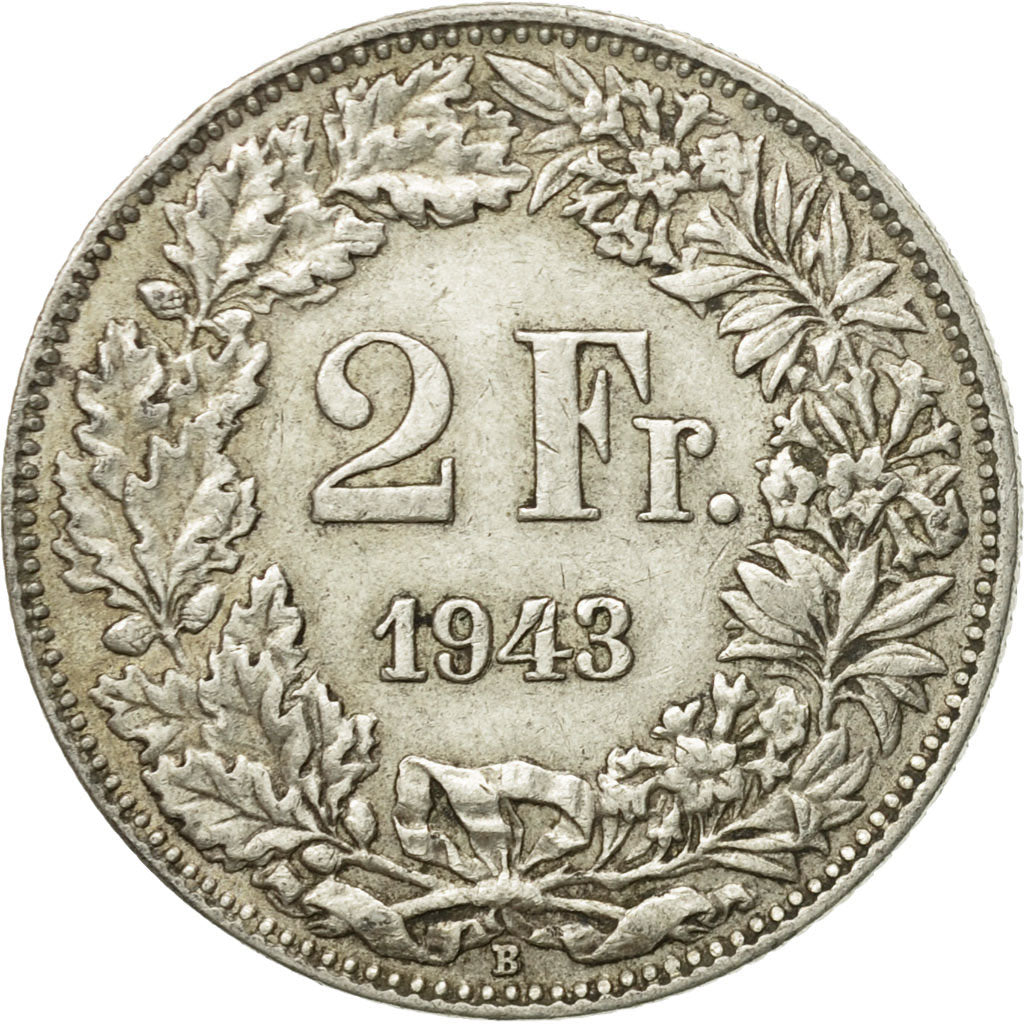 Moneda, Suiza, 2 Francs, 1943, Bern, MBC+, Plata, KM:21