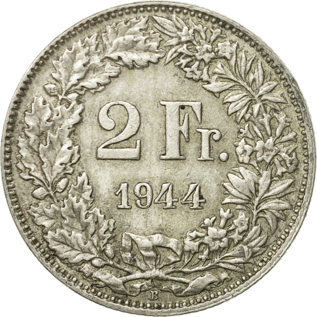 Coin, Switzerland, 2 Francs, 1944, Bern, AU(50-53), Silver, KM:21