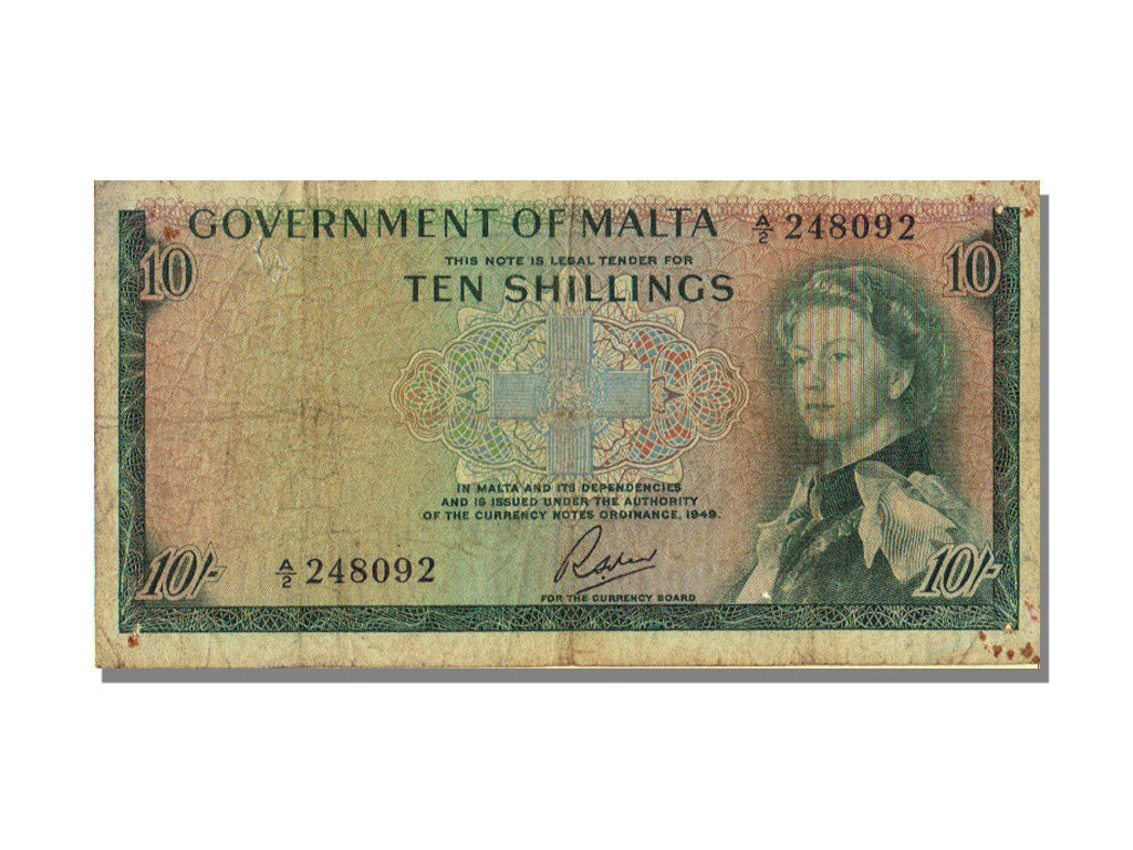 Billet, Malte, 10 Shillings, 1949, KM:25a, TB+