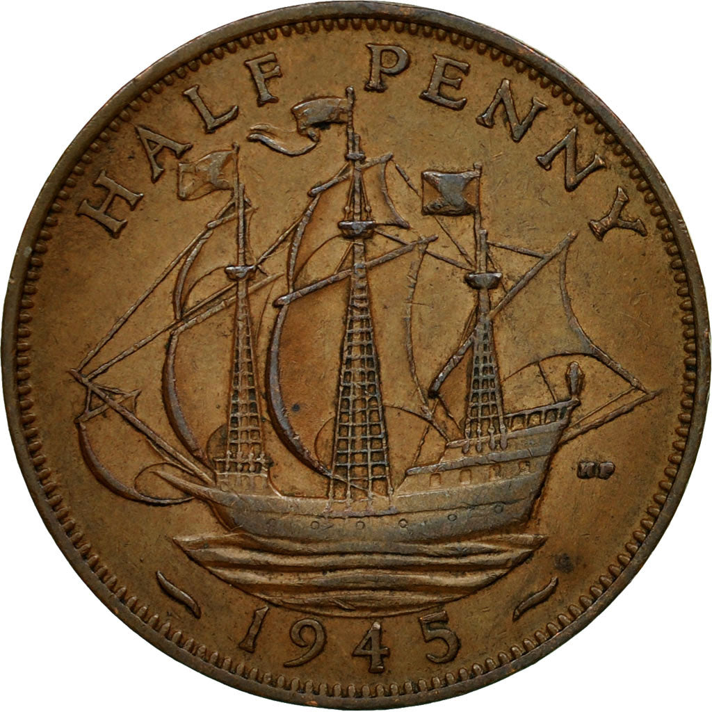 Moneta, Gran Bretagna, George VI, 1/2 Penny, 1945, BB, Bronzo, KM:844