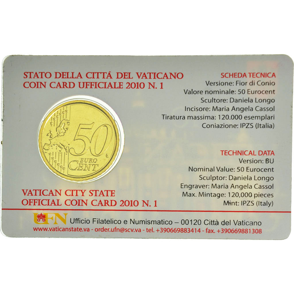VATICAN CITY, 50 Euro Cent, 2010, MS(65-70), Brass
