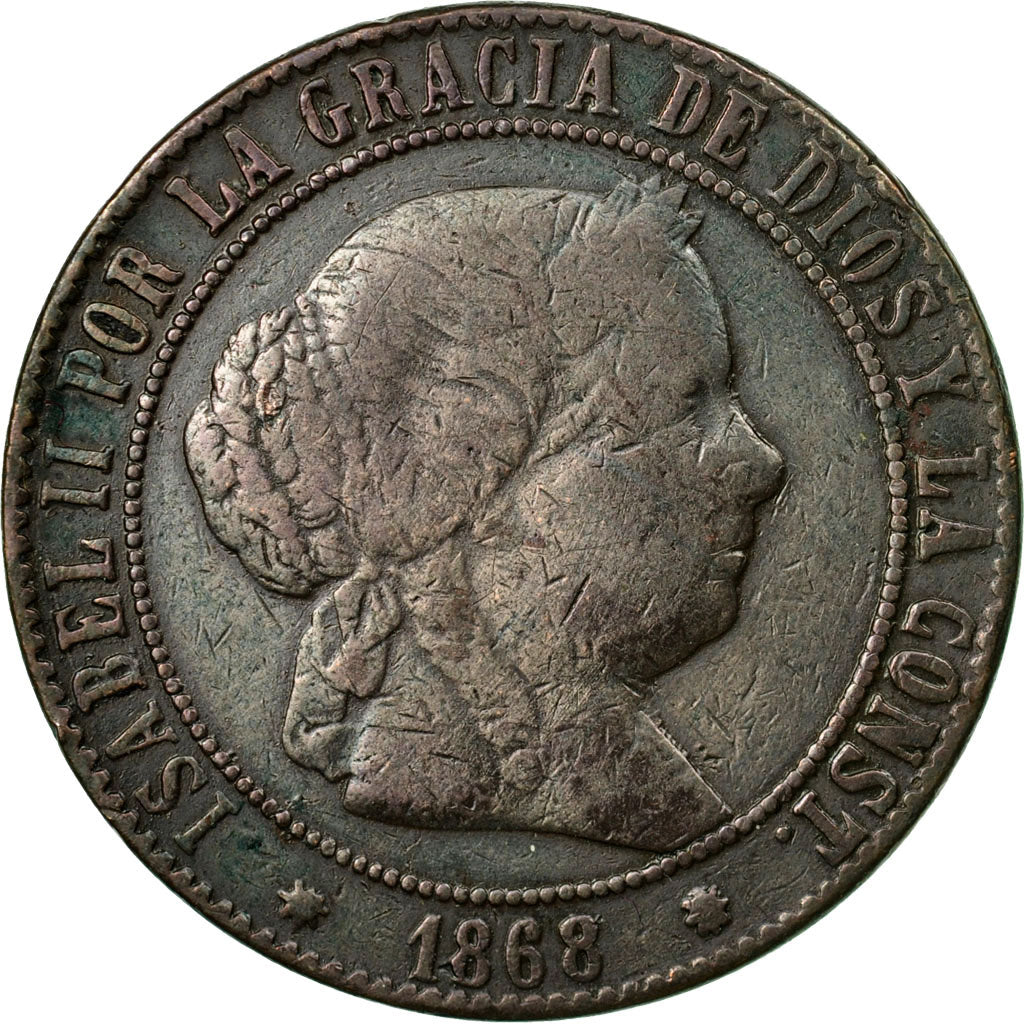 Coin, Spain, Isabel II, 5 Centimos, 1868, Madrid, VF(30-35), Copper, KM:635.1