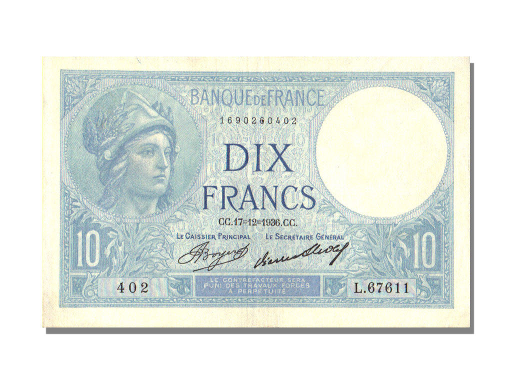 Francia, 10 Francs, Minerve, 1936, 1936-12-17, BB+, Fayette:6.17, KM:73e