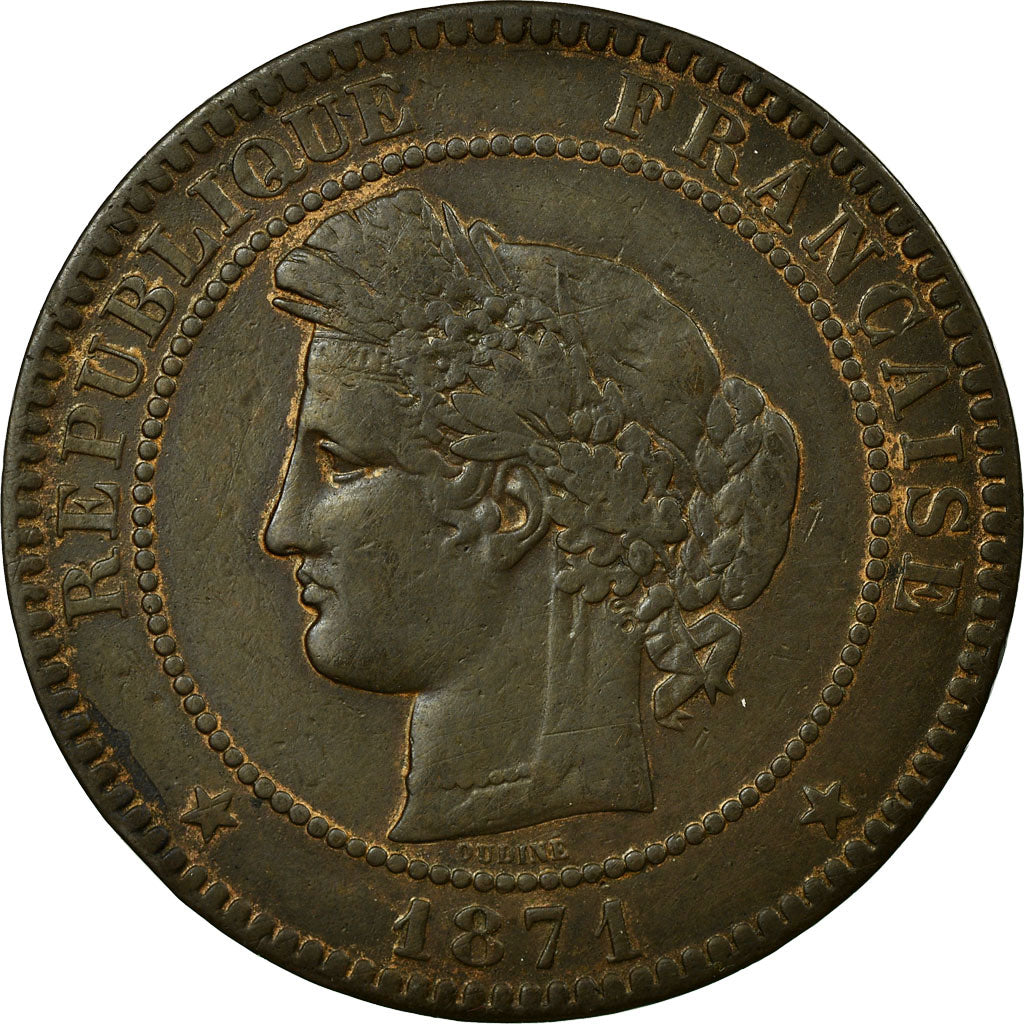 FRANCE, Cérès, 10 Centimes, 1871, Bordeaux, KM #815.2, EF(40-45), Bronze, Gadour