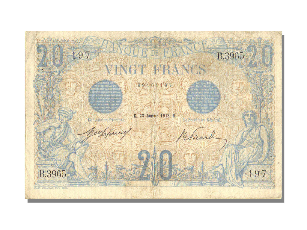 Banconote, Francia, 20 Francs, 20 F 1905-1913 ''Bleu'', 1913, 1913-01-23, BB+