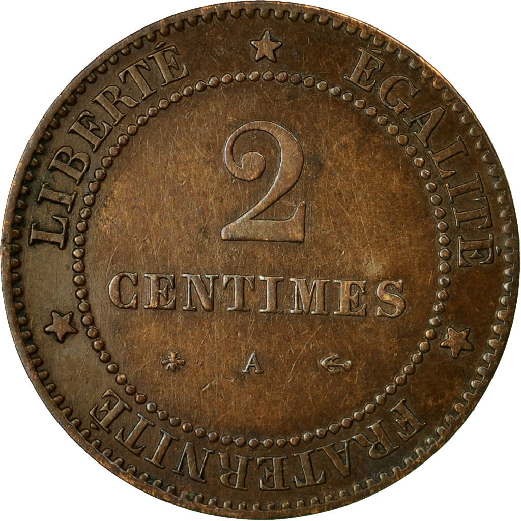 Moneta, Francia, Cérès, 2 Centimes, 1877, Paris, BB, Bronzo, KM:827.1, Le