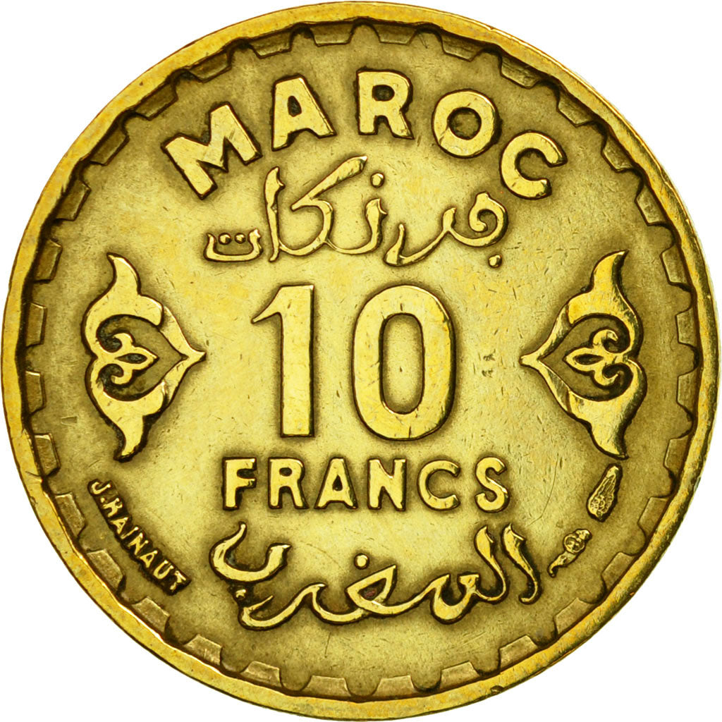 Moneda, Marruecos, Mohammed V, 10 Francs, AH 1371/1952, Paris, BC+, Aluminio -