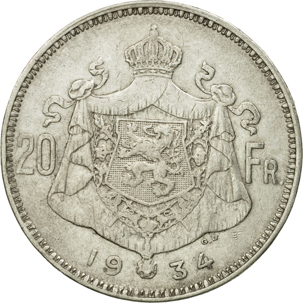 Moneta, Belgio, 20 Francs, 20 Frank, 1934, BB, Argento, KM:104.1